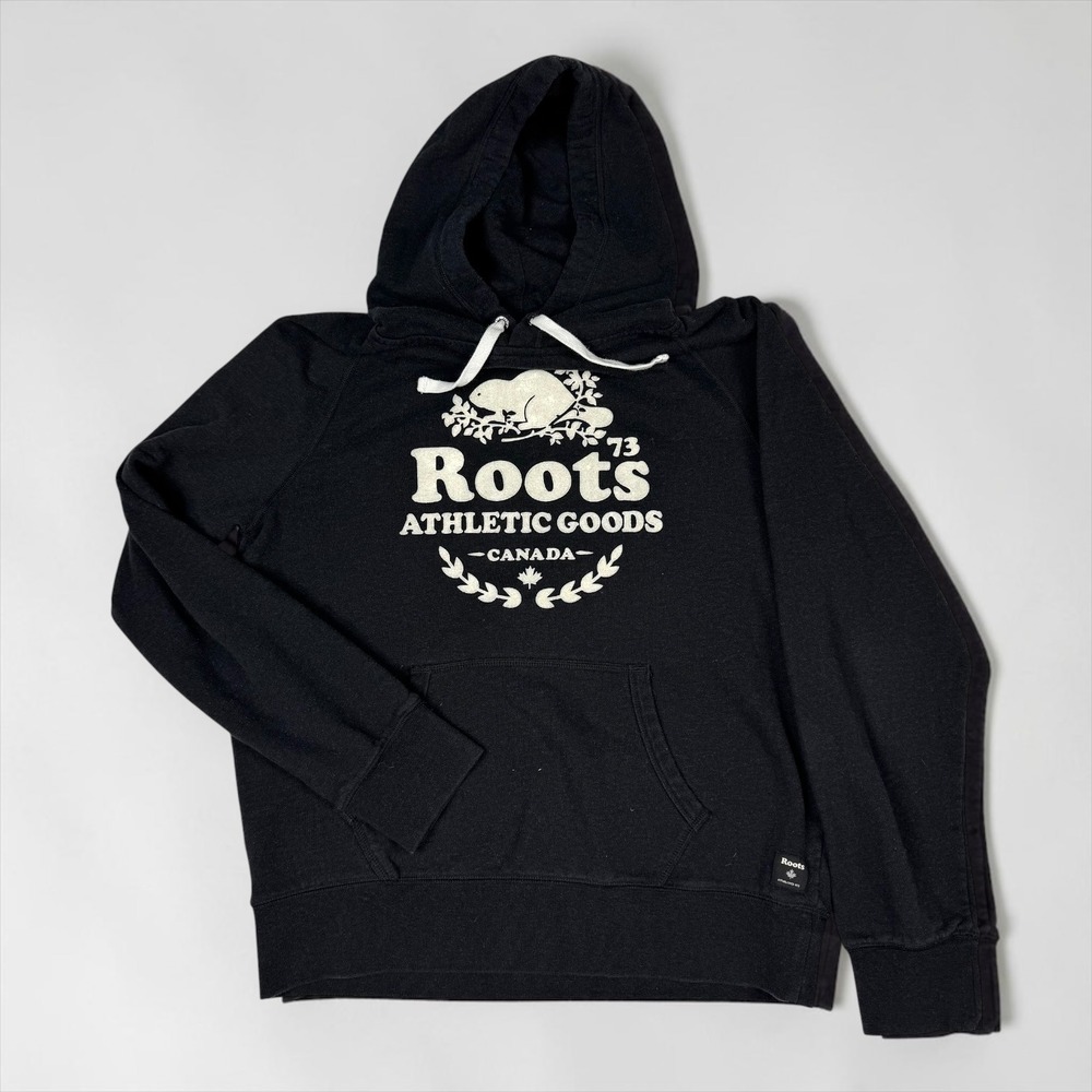 Roots Athletic Goods Canada Hoodie Black Beaver Logo Size L Pullover